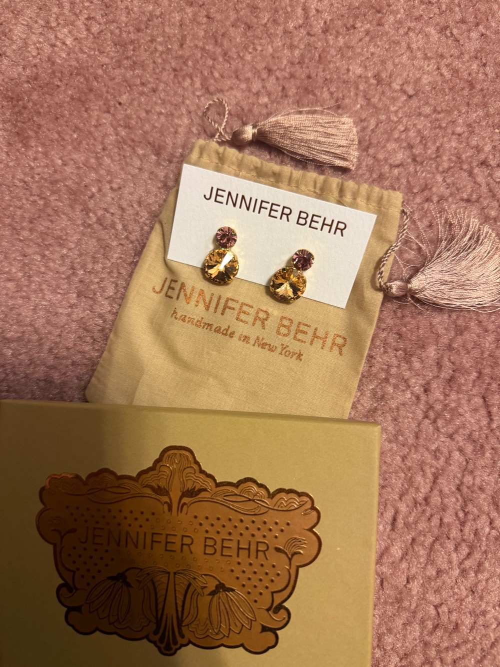 Jennifer Behr Gold and Pink Crystal Drop Earrings